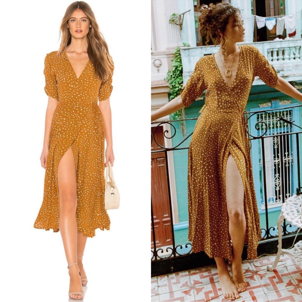 Faithfull The Brand Chiara Yellow Dotted Midi Dress Noel Caramel Wrap Dress XS